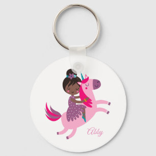 Cute Black Haired Girl Riding on a Unicorn Keychain