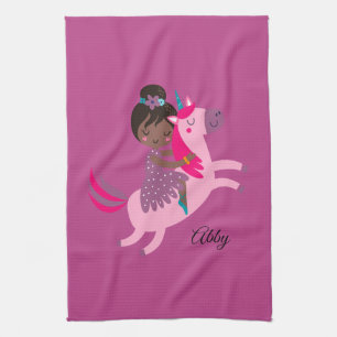 Cute Black Haired Girl Riding on a Unicorn Kitchen Towel