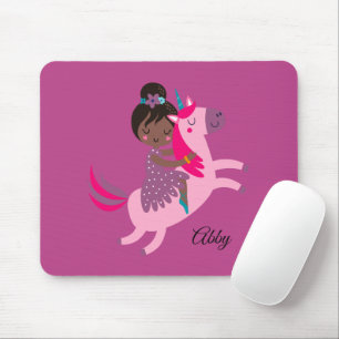 Cute Black Haired Girl Riding on a Unicorn Mouse Pad