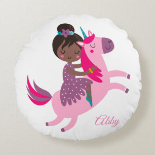 Cute Black Haired Girl Riding on a Unicorn Round Pillow