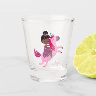 Cute Black Haired Girl Riding on a Unicorn Shot Glass