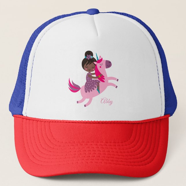 Cute Black Haired Girl Riding on a Unicorn Trucker Hat (Front)