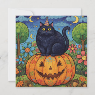 Cute Black Halloween Cat and Pumpkin Holiday Card