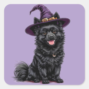 Cute Black Halloween Dog Witch Hat Spooky Puppy Square Sticker