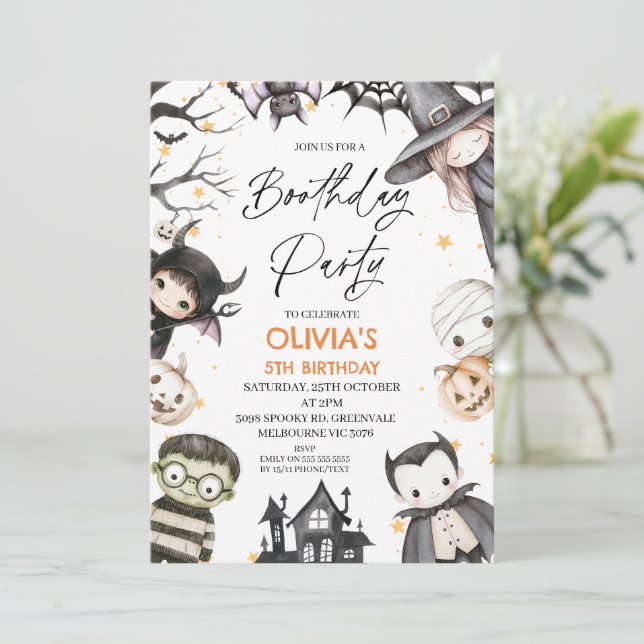 Cute Black Halloween Girls Boothday Party Birthday Invitation (Standing Front)