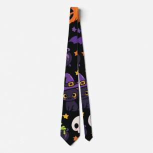 Cute Black Halloween Witch Cat Ghost Pumpkin Tie
