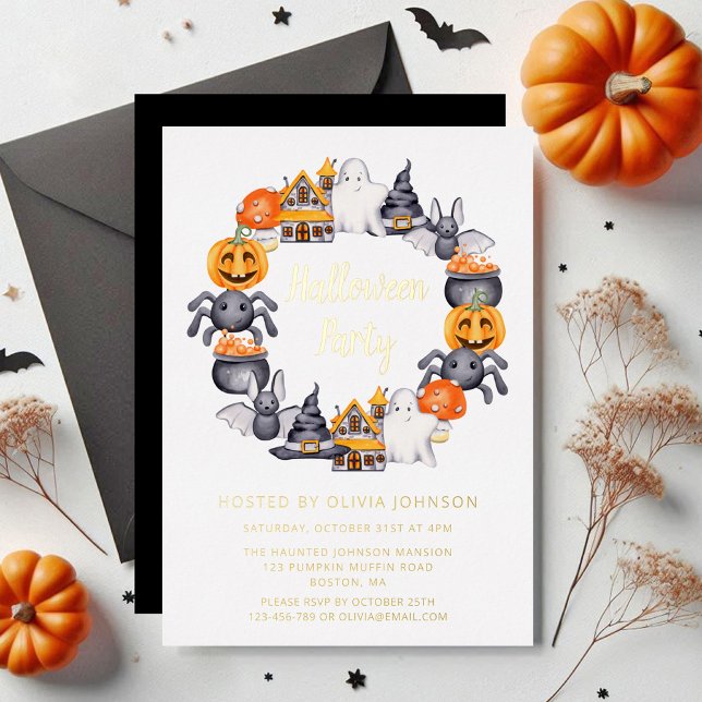 Cute Black Happy Halloween Illustration Part Gold  (Cute Black Happy Halloween Illustration Part Gold Foil Invitation)