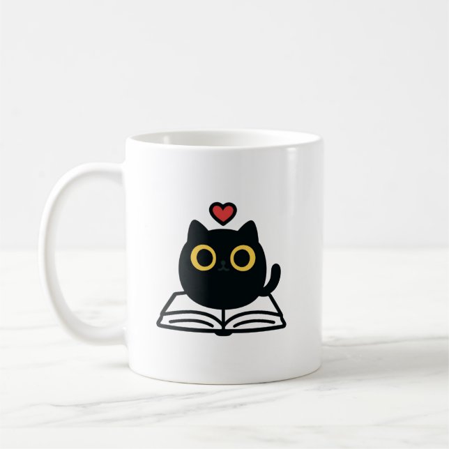 Cute Black Kawaii Cat Reading Book Cartoon Coffee Mug (Left)