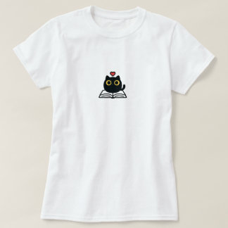Cute Black Kawaii Cat Reading Book Cartoon T-Shirt