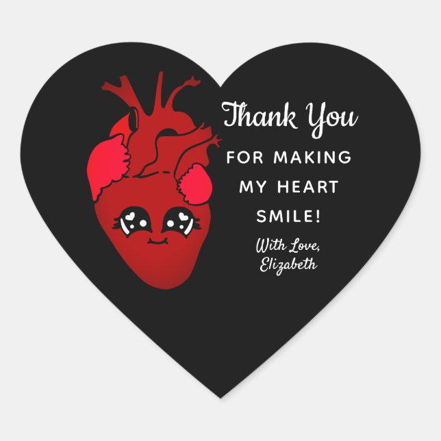 Cute Black Kawaii Real Heart Valentines  Thank You Heart Sticker (Front)