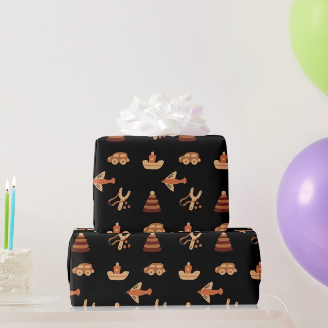 Cute Black Kids Toy Car Plane Boat Wrapping Paper (Party Gifts)