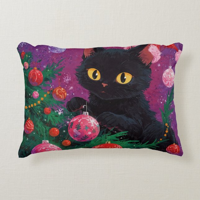 Cute Black Kitten and Christmas Tree Accent Pillow (Front)