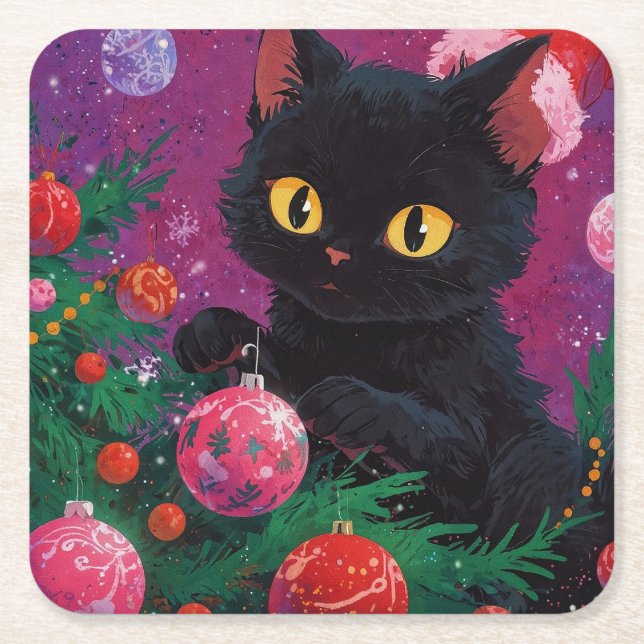 Cute Black Kitten and Christmas Tree Square Paper Coaster (Front)