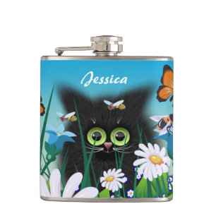 Cute Black Kitten and Daisies Art Personalised Hip Flask