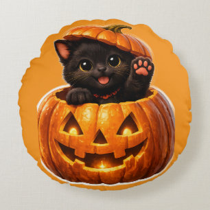 Cute black kitten and jack-o'-lantern spooky sweet round pillow