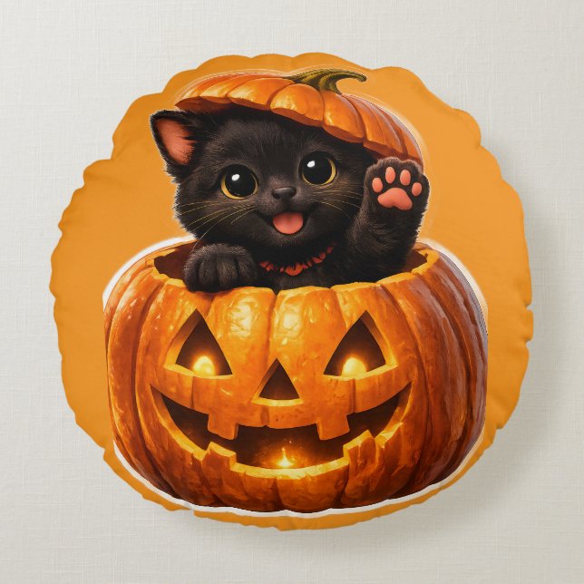 Cute black kitten and jack-o'-lantern spooky sweet round pillow (Front)