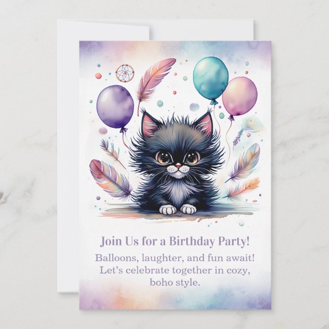 Cute Black Kitten Birthday Invitation  Boho  (Devant)