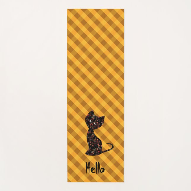 Cute black kitten cat personalized chequered plaid yoga mat (Front)