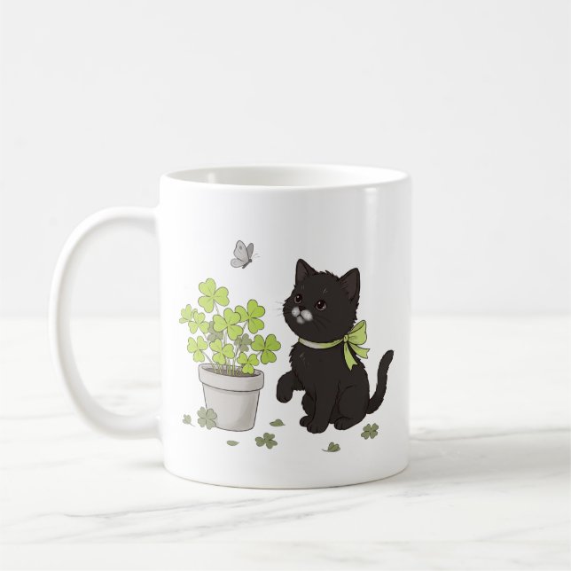 Cute Black Kitten Cozy Nature Cat Illustration Mug (Left)