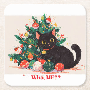 Cute Black Kitten looking Guilty - Christmas  Square Paper Coaster