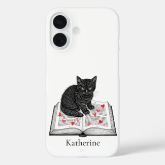 Cute Black Kitten on a Book Personalized with name
