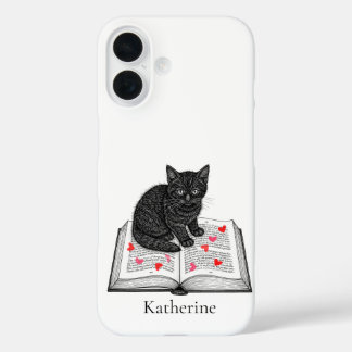Cute Black Kitten on a Book Personalized with name iPhone 16 Case