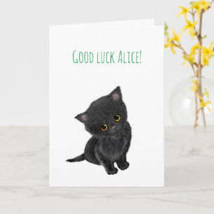 Cute black kitten personalised good luck card
