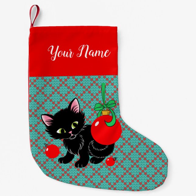 Cute Black Kitten Personalized Small Christmas Stocking (Front)