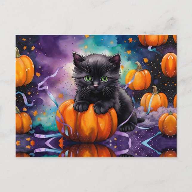 Cute Black Kitten Pumpkins and Ribbon Holiday Postcard (Front)