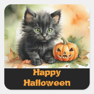 Cute Black Kitten Square Halloween Sticker