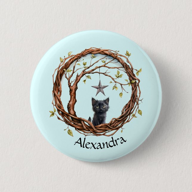 Cute Black Kitten Watching a Star 2 Inch Round Button (Front)