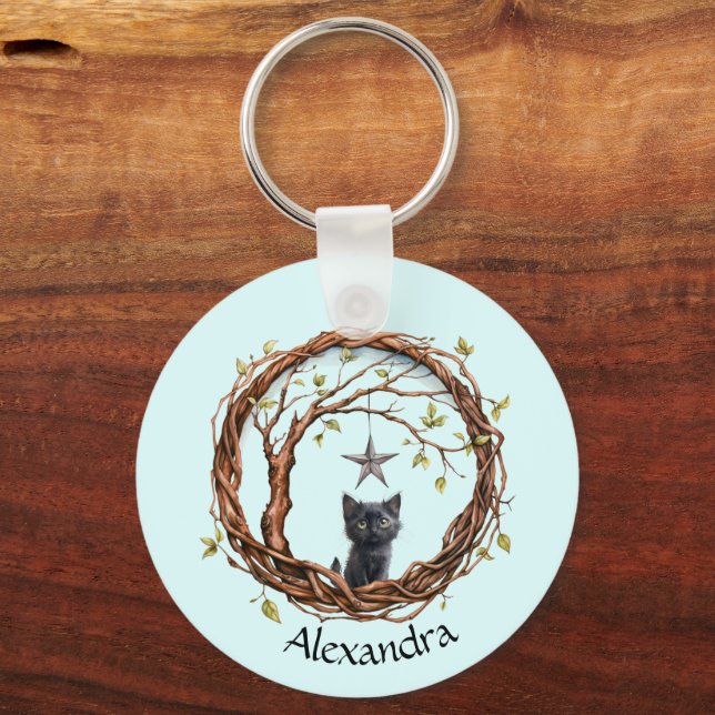 Cute Black Kitten Watching a Star Keychain (Front)
