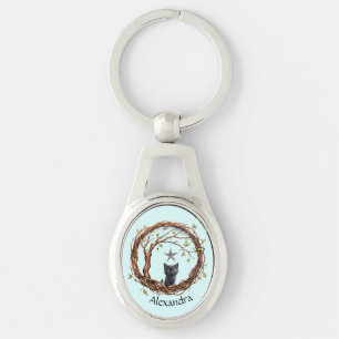 Cute Black Kitten Watching a Star Keychain