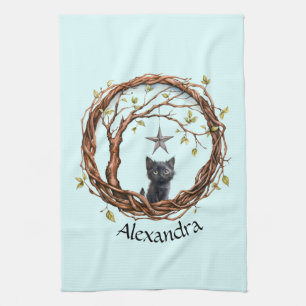 Cute Black Kitten Watching a Star Kitchen Towel