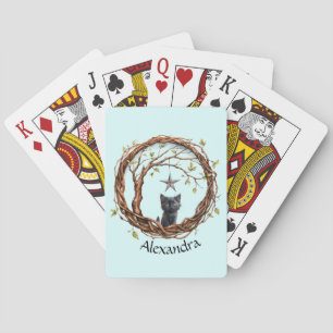 Cute Black Kitten Watching a Star Playing Cards