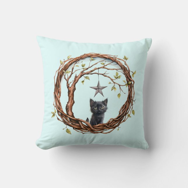 Cute Black Kitten Watching a Star Throw Pillow (Front)