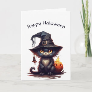 Cute Black Kitten Witch Halloween Card