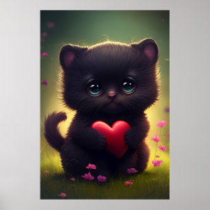 Cute Black Kitten with Heart and Flowers  Poster