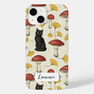 Cute Black Kitten with Mushrooms Personalized name
