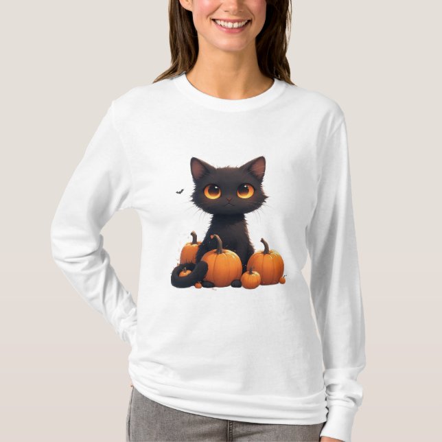 Cute Black Kitten With Pumpkin  T-Shirt (Front)