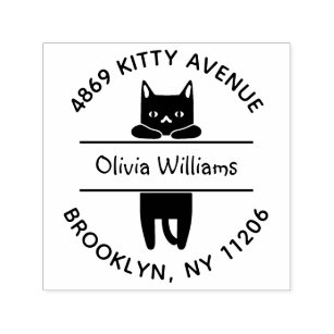 Cute Black Kitty Cat Cartoon Round Return Address Self-inking Stamp