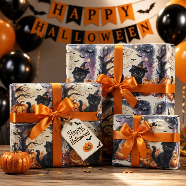Cute Black Kitty Cat Halloween Wrapping Paper (Creator Uploaded)