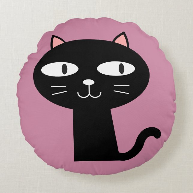 CUTE BLACK KITTY CAT PILLOWS, Pink Round Pillow (Front)