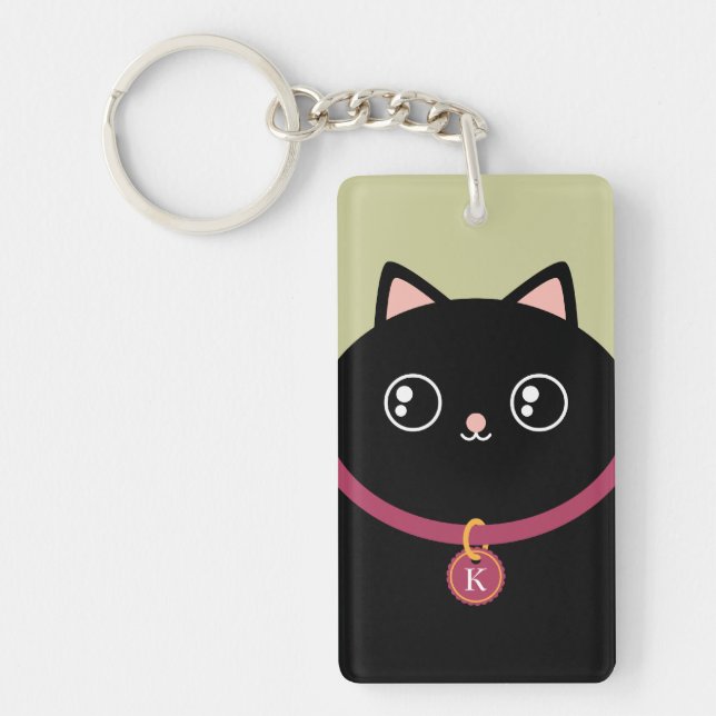 Cute Black Kitty Face Kawaii Custom Name Monogram Keychain (Front)