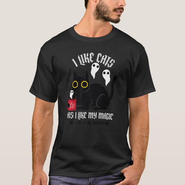 Cute Black Kitty Witchy Tee With Ghosts Black Magi (Front)
