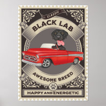 Cute Black Lab in Vintage Red Pickup Truck
