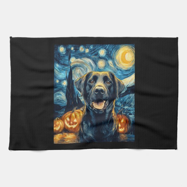 Cute Black Labrador Dog Halloween Jack O Lantern P Kitchen Towel (Horizontal)