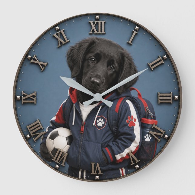 Cute Black Labrador Puppy Soccer  Large Clock (Front)