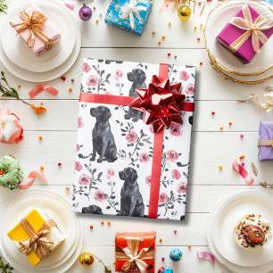 Cute Black Labrador Retriever Dog Pink Floral Wrapping Paper