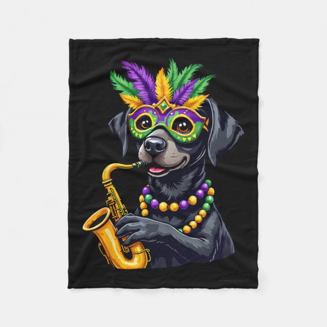 Cute Black Labrador Retriever Playing Saxophone Ma Fleece Blanket (Front)